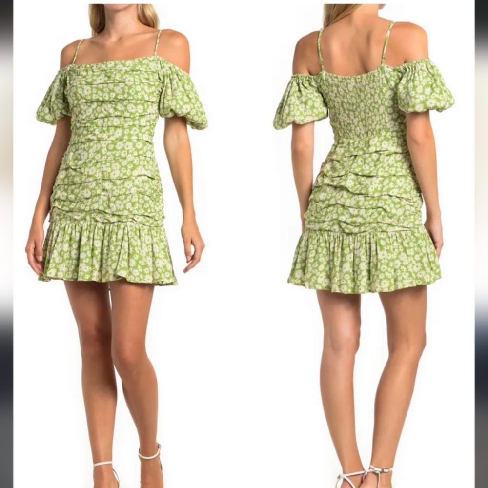 ASTR The Label Green Floral Off-Shoulder Dress
